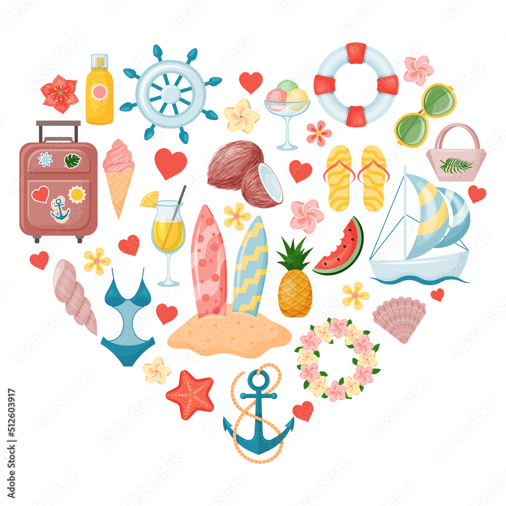 Cute summer elements in form of heart. Suitcase, fruit, drinks, palm leaves, swimsuit, flowers. Isolated on white. Vector illustration. Cartoon style. Cute summer elements in form of heart. Suitcase, fruit, drinks, palm leaves, swimsuit, flowers. Isolated on white. Vector illustration. Cartoon style.