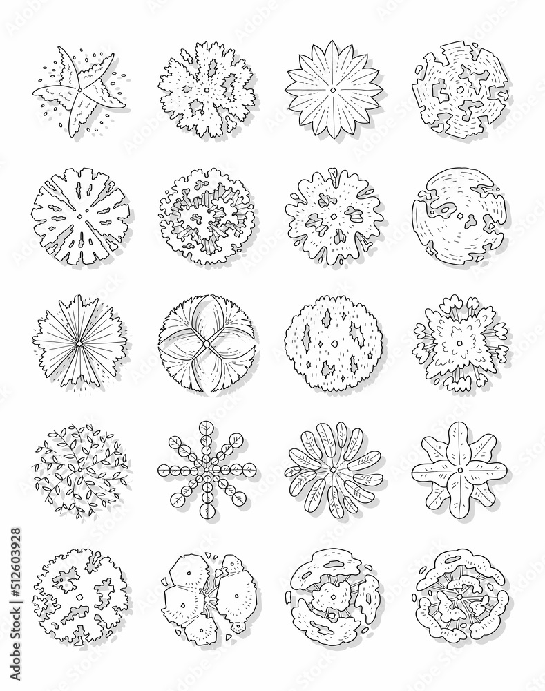 Hand drawn vector set of top view trees. Hand drawn vector set of top view trees.