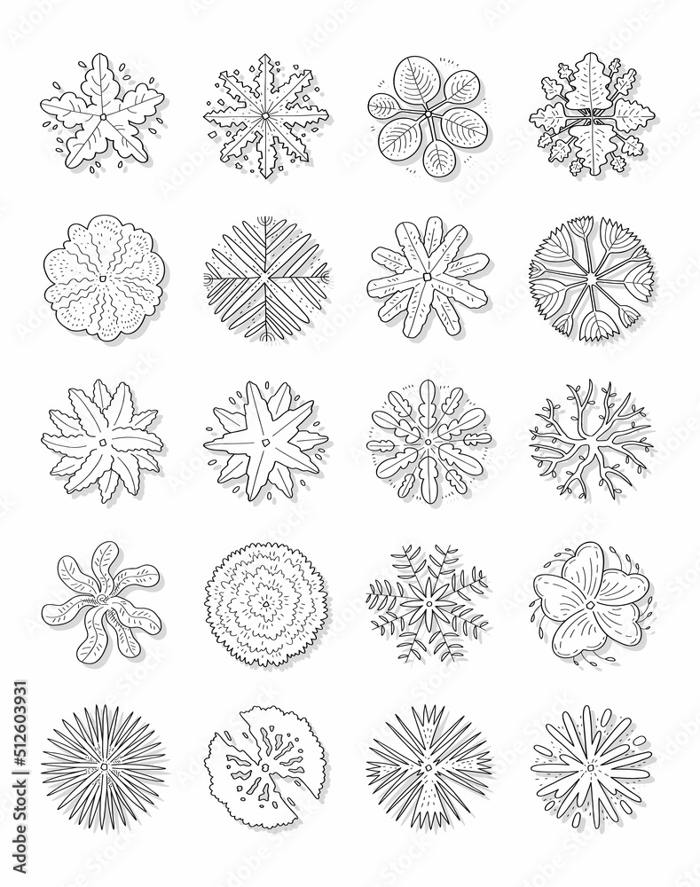 Hand drawn vector set of top view trees.