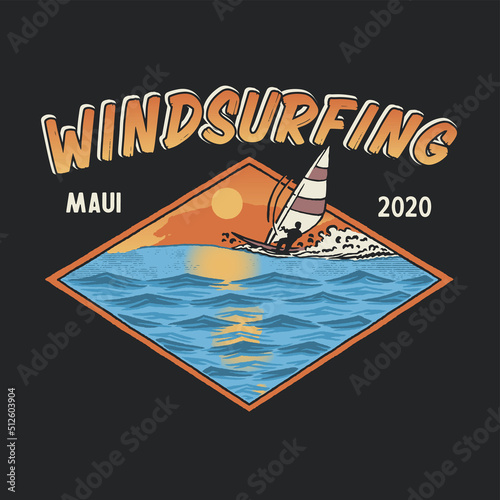 windsurfing illustration beach graphic design badge sunset vintage t shirt