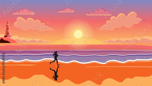 Silhouette of woman running on the beach at sunset. Vector illustration