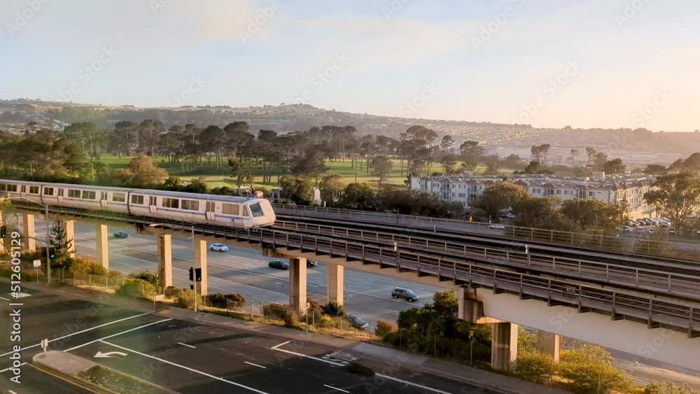 Bay Area Rapid Transit (BART) on overpass bridge in San Francisco Bay Area, California.