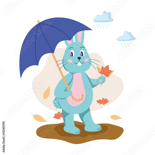 The character is a rabbit with an umbrella and autumn leaves. Autumn fun. Flat vector illustration