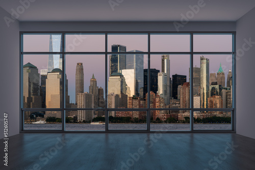 Downtown New York City Lower Manhattan Skyline Buildings. High Floor Window. Beautiful Expensive Real Estate. Empty room Interior Skyscrapers View Cityscape. Financial district. Night. 3d rendering.