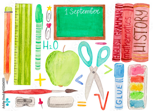 Watercolor collection of school tools. Pen, pencil, ruler, glue, book, brush and other isolated on white background.