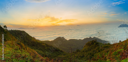 Mountain valley during sunrise. Natural summer landscape