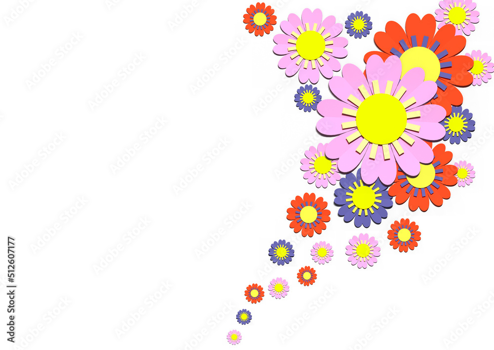 Pattern of paper flowers of different colors on a white background.