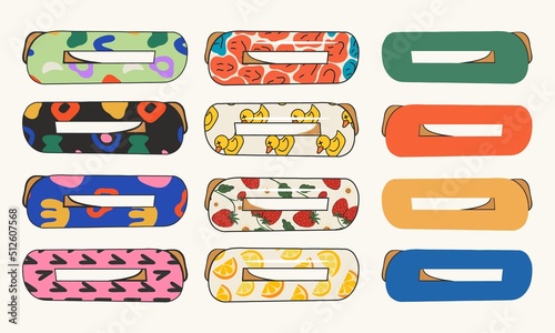 A set of various multi-colored plain hairpins and with patterns. Hair accessories, beauty design. Women's salon concept. Flat design, hand drawn, cartoon.
