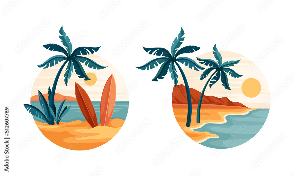 Tropical beach scenes set. Idyllic paradise with palm trees and surfboards in circle vector illustration - obrazy, fototapety, plakaty 