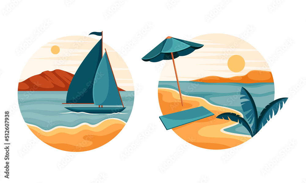 Tropical beach landscape in circle set. Idyllic scenes of nature with yacht and beach umbrella vector illustration