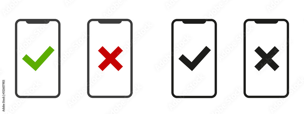 Mobile phone icon with check mark and cross. Isolated on a white background. Vector illustration eps10 Mobile phone icon with check mark and cross. Isolated on a white background. Vector illustration eps10