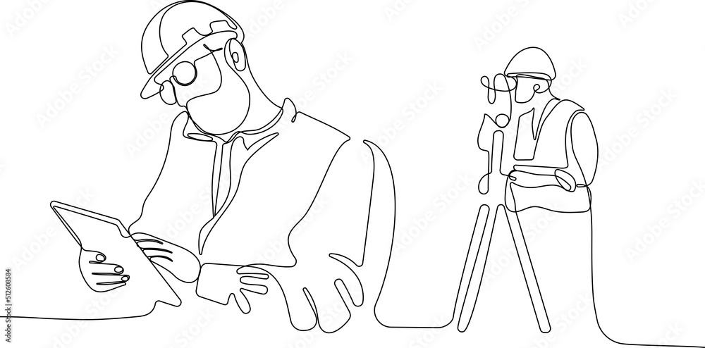 Close up of young Caucasian worker with helmet on head using tablet for work while standing in warehouse. Surveyor with a tripod icon. Geodesic tripod. Vector illustration Close up of young Caucasian worker with helmet on head using tablet for work while standing in warehouse. Surveyor with a tripod icon. Geodesic tripod. Vector illustration