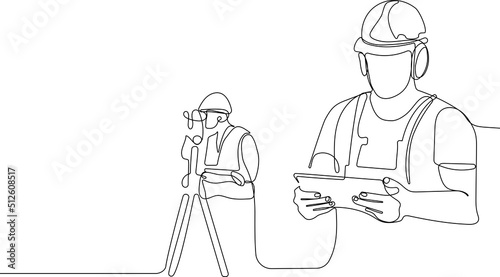 Close up of young Caucasian worker with helmet on head using tablet for work while standing in warehouse. Surveyor with a tripod icon. Geodesic tripod. Vector illustration
