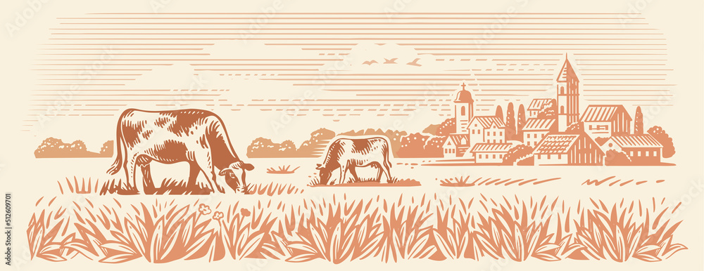 Village and landscape vector farm with cows Stock Vector | Adobe Stock