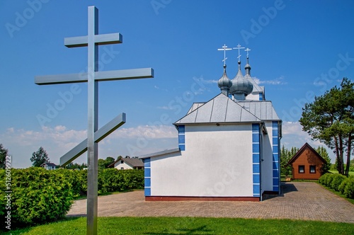 General view and architectural details of the temple, the Orthodox Church of the Kaspierowska Icon of the Mother of God, built in 1996, in the village of Widowo in the south of Poland.