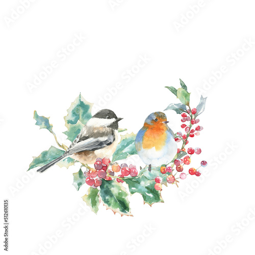 Watercolor bird on fir tree,berry branch Christmas illustration. Woodland winter forest nursery decoration for greeting card, poster, invitation, baby shower Merry Christmas,New Year print, sticker © Catherine