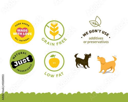 Vector icon set for animal treats includes emblems, pictures dogs, grain, apple, leafs, bone, heart
