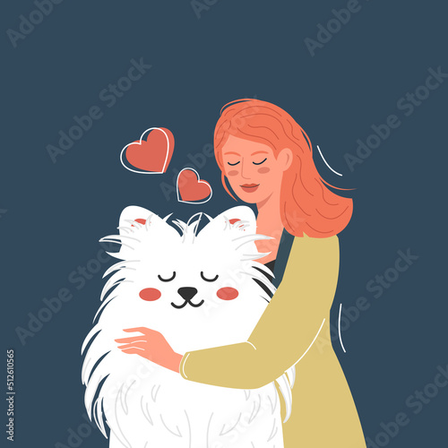 A girl cuddles her beloved samoyed dog. Cute white fluffy dog. The concept of love for pets.