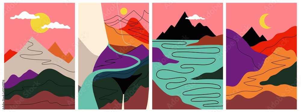 Vector illustration with mountains, rivers, abstract woman body with nature scene inside. Trendy print design collection, abstraction art set