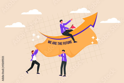 Youths ride arrow to the future. International Youth day. Flat vector illustration isolated.