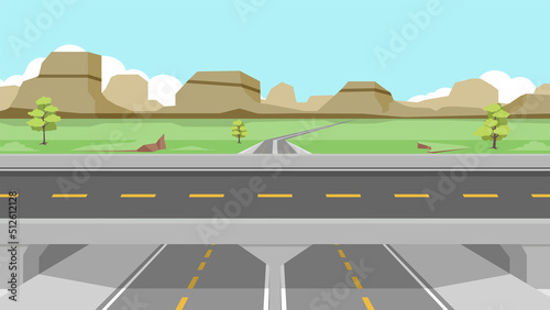 Horizontal view of Asphalt road. Elevated bridge route to cut through the main road. Background of trees and green grass. Mountains are interspersed with layers. Under the blue sky and white clouds.