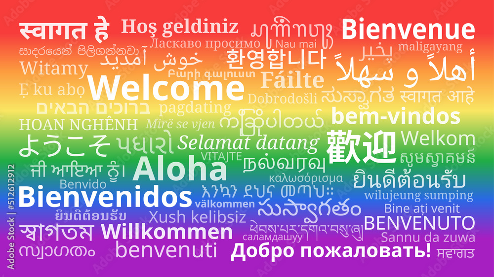 messages in different languages on Rainbow background Stock