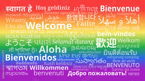 "Welcome" messages in different languages on Rainbow background