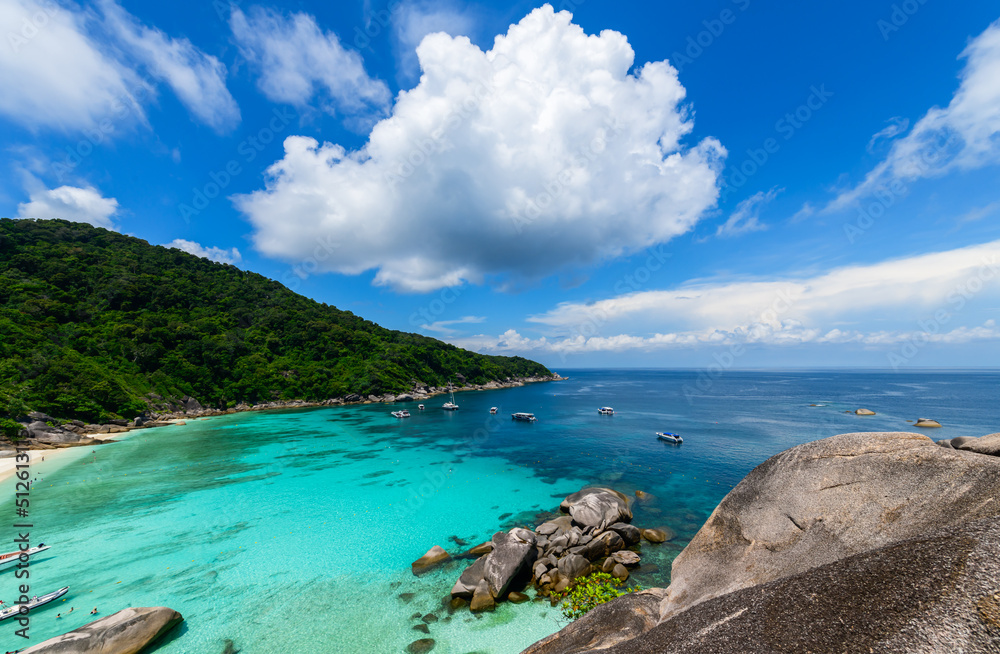 Panoramic view of Koh.8 Similan Island with white cloud and blue sky, travel on summer concept