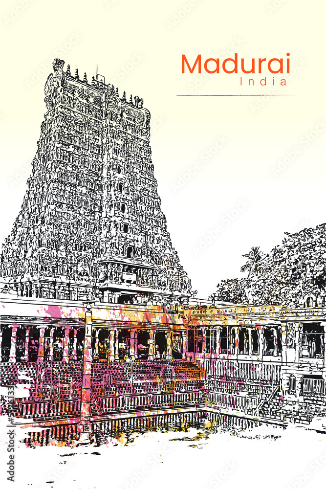 Madruai Meenakshi Amman Temple vector hand drawing sketch illustrator