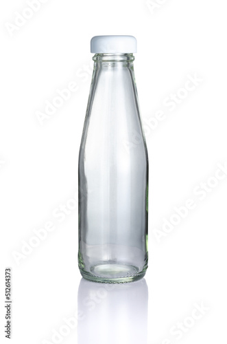 Empty clear glass Bottle, white cap in front view, and reflection isolated on white background, Suitable for Mock up creative graphic design, clipping path