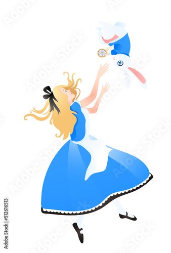 Alice in Wonderland, falling down into the white rabbit hole. Cute blond girl in blue dress. Vector illustration