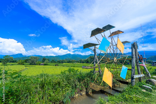 Water turbine make a water flow to fill an oxygen and put the water flow into the rice field