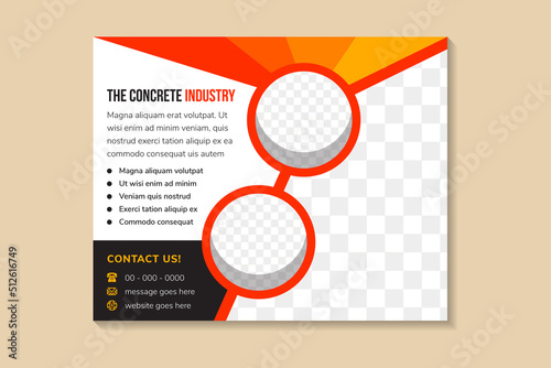 the concrete industry banner. vector illustrator. horizontal layout with circle space for photo collage and text. multicolored yellow and black elements. white background.