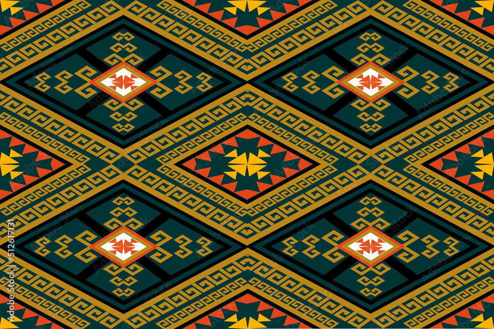 A large square with a yellow frame, interior decorated with orange, yellow triangles, with black crossed lines on a dark green background.