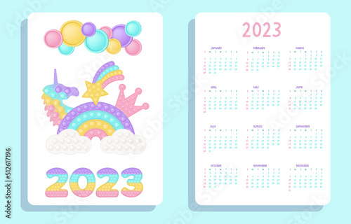 Pop it pastel pocket calendar 2023 with fidget toys figures. Vector illustration in popit style as fashionable silicone toy for fidgets. Printable wall vertical calendar with kids illustrations.