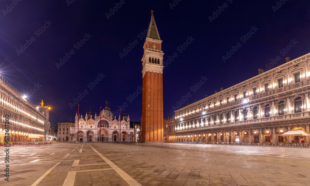 Venice. Facade of St. Mark's Cathedral in night illumination at dawn.