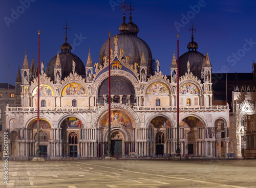 Venice. Facade of St. Mark's Cathedral in night illumination at dawn. © pillerss