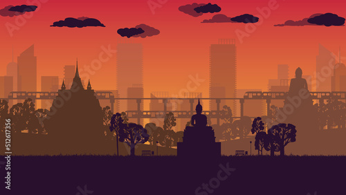 silhouette of Thailand Landmarks buddha statue city town background on gradient background