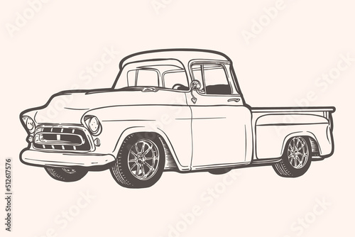 Foto Vintage american pick-up truck vector illustration - hand drawn - Out line