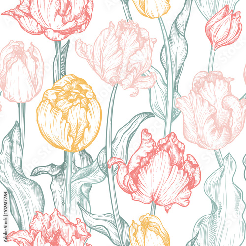Beautiful hand drawn vector seamless patterns with tulip flowers