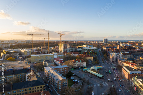 Aerial view of road crossing and houses in a trendy neighborhood in Malmo