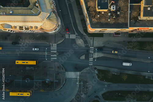 Aerial top view of street crossing in the city of malmo, sweden 