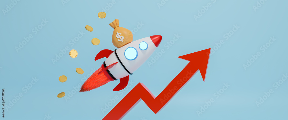 Money bag of gold coins and space rocket ship, stock market, fast growing business, financial growth, income, savings, investment, business success, symbol of wealth, 3d rendering illustration Money bag of gold coins and space rocket ship, stock market, fast growing business, financial growth, income, savings, investment, business success, symbol of wealth, 3d rendering illustration