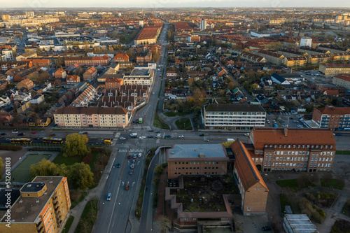 Aerial view of road crossing and houses in a trendy neihborhood in Malmo photo