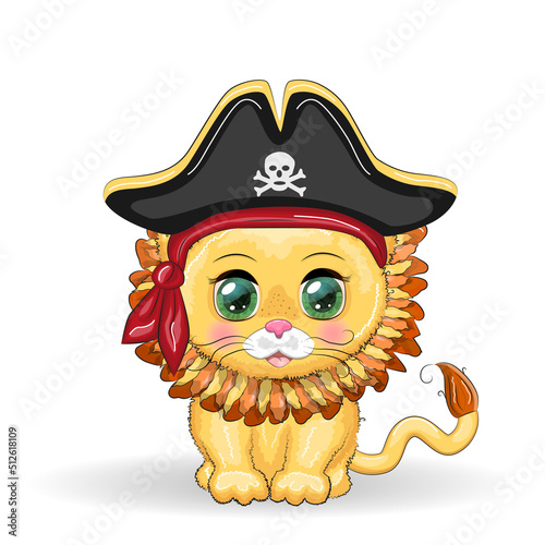 Lion pirate, cartoon character of the game, wild animal cat in a bandana and a cocked hat with a skull, with an eye patch. Character with bright eyes