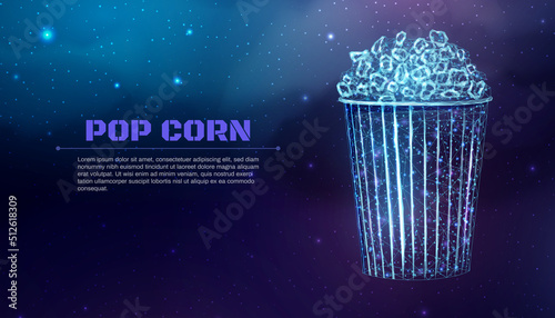 Pop corn wireframe. Poster template with glowing low poly tasty snack. Futuristic modern abstract. Isolated on dark background. Vector illustration