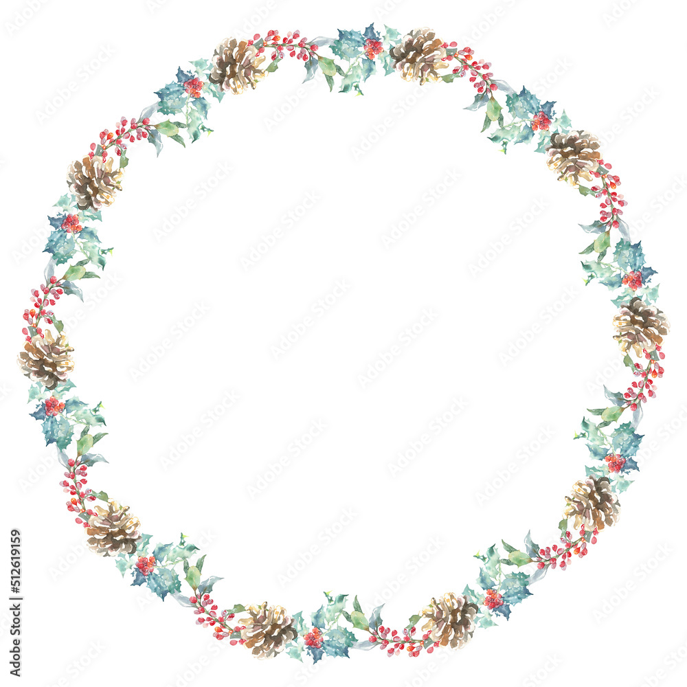 Watercolor Woodland Christmas floral wreath illustration, Winter forest flower decoration for greeting card, poster, invitation, baby shower Merry Christmas, New Year, holiday, sticker, frame art,diy