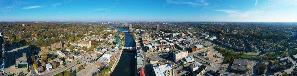 Obraz premium Aerial panorama of Cambridge, Ontario, Canada in autumn