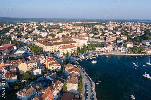 Aerial top view of the old port of Rovinj in summer, Croatia