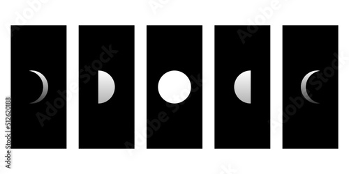 White moon different phases of lunar phases on black square boho flat vector icon design.